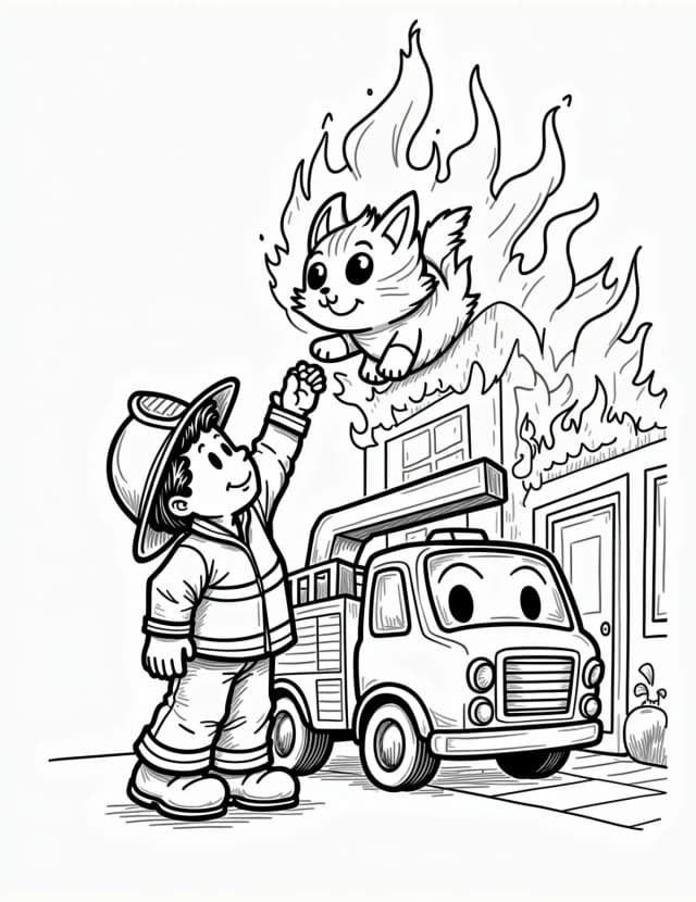 Heroic Firefighter Boy Rescue Coloring Page