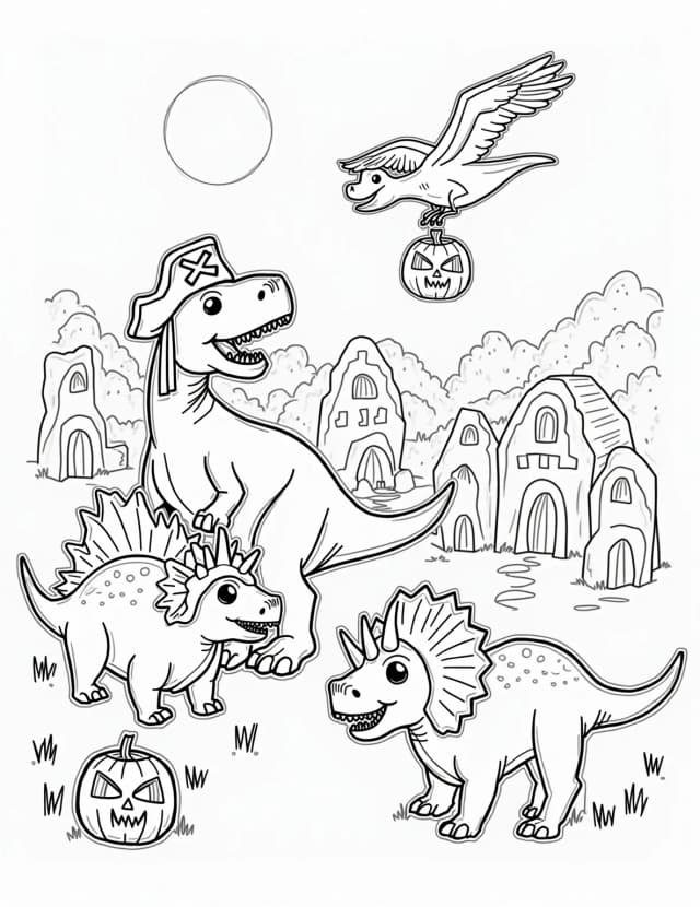 Trick-or-Treating Dinosaurs Coloring Page