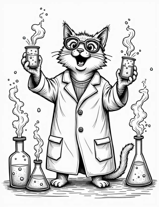 Cat's Mad Scientist Laboratory Coloring Page