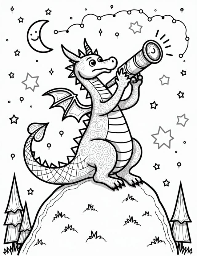 Dragon's Stargazing Night Coloring Page