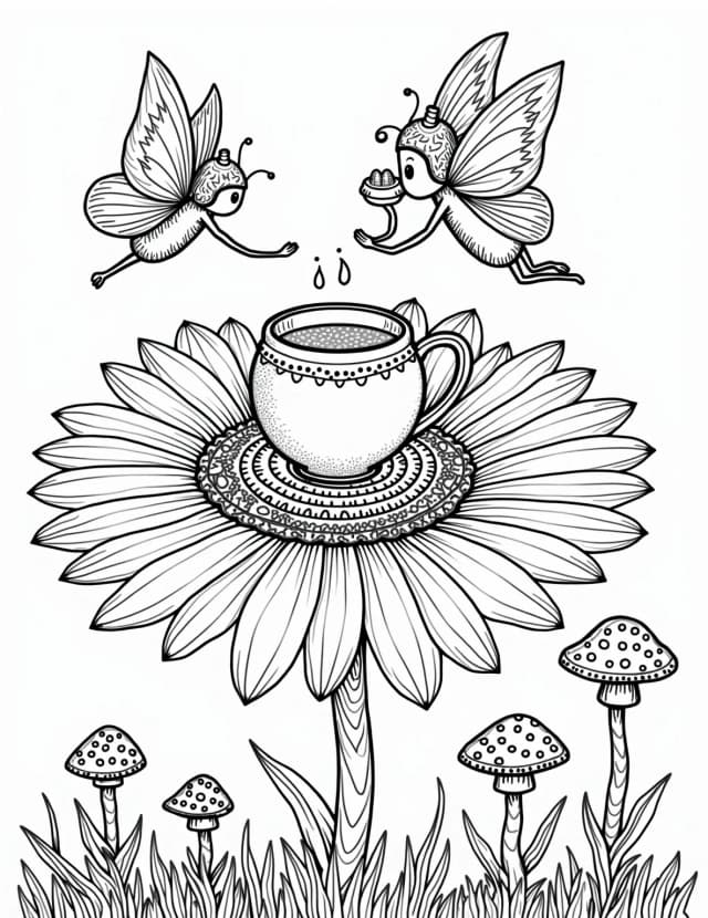 Fairy Tea Party in the Flowers Coloring Page
