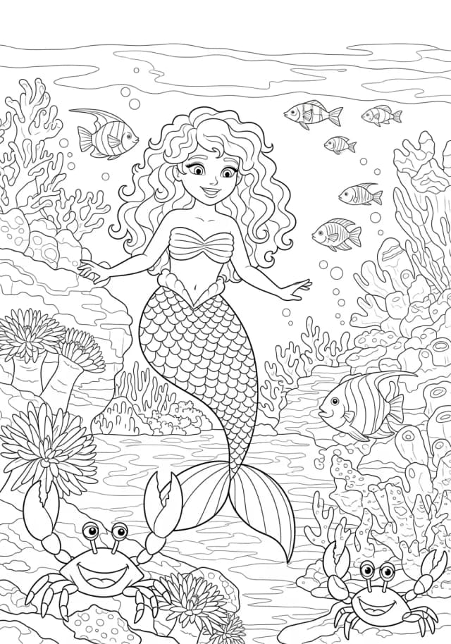 Mermaid's Tide Pool Exploration Coloring Page