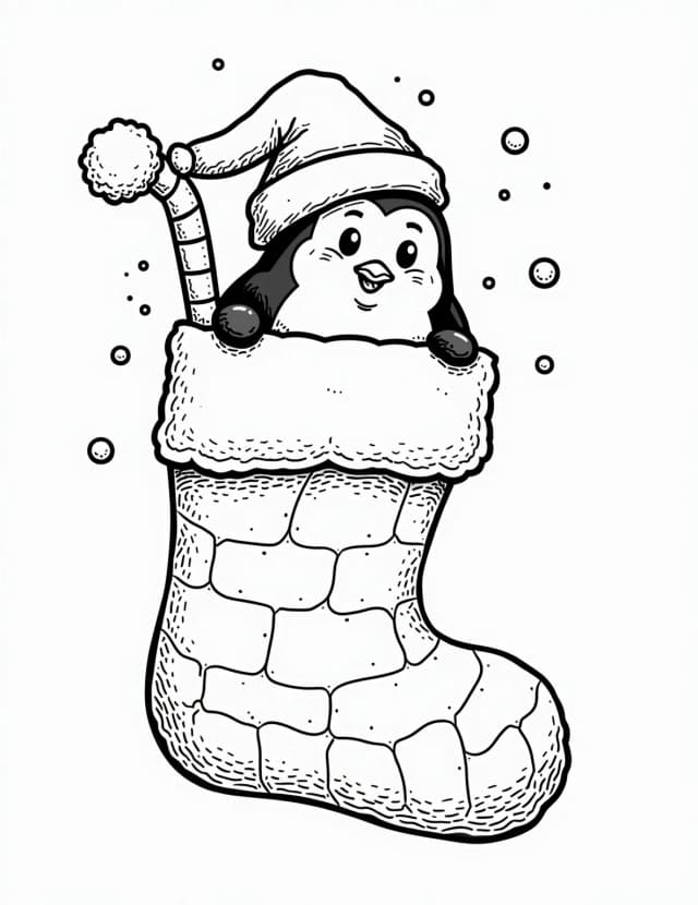 Penguin's Ice Stocking Coloring Page