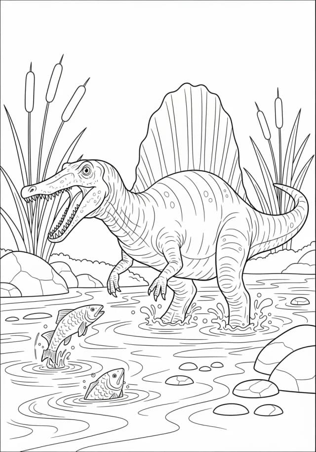 Intricate Spinosaurus River Fishing Coloring Page