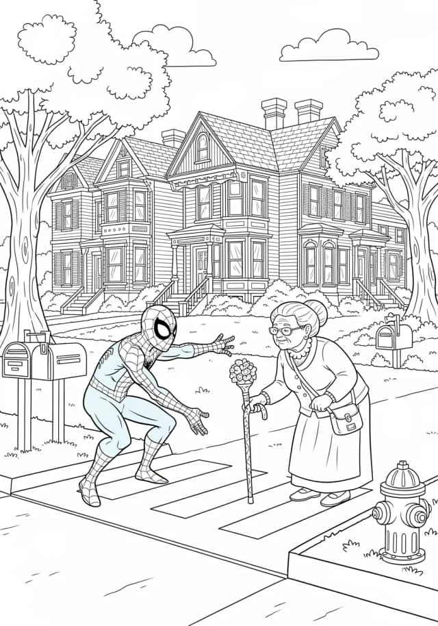 Friendly Spiderman Helping Elderly Coloring Page