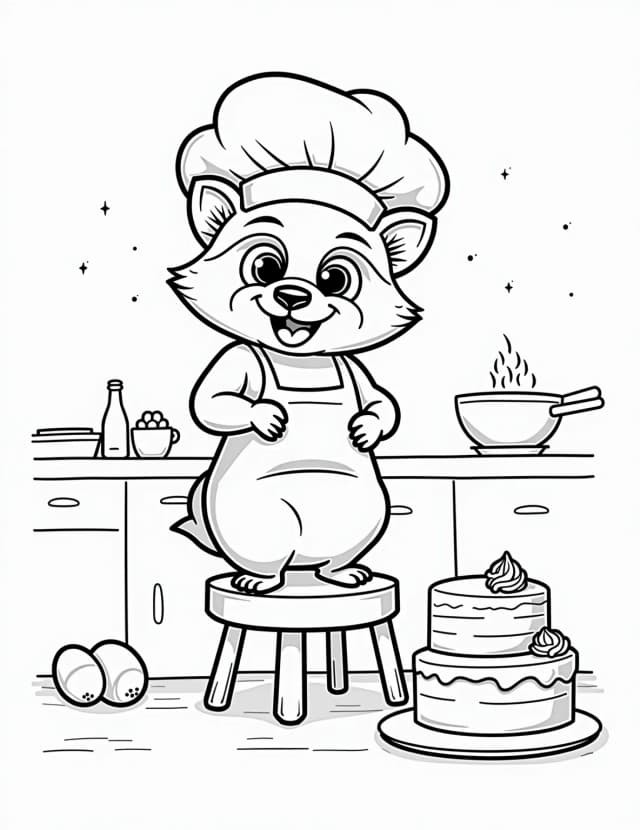 A raccoon baking a cake in a chef’s hat