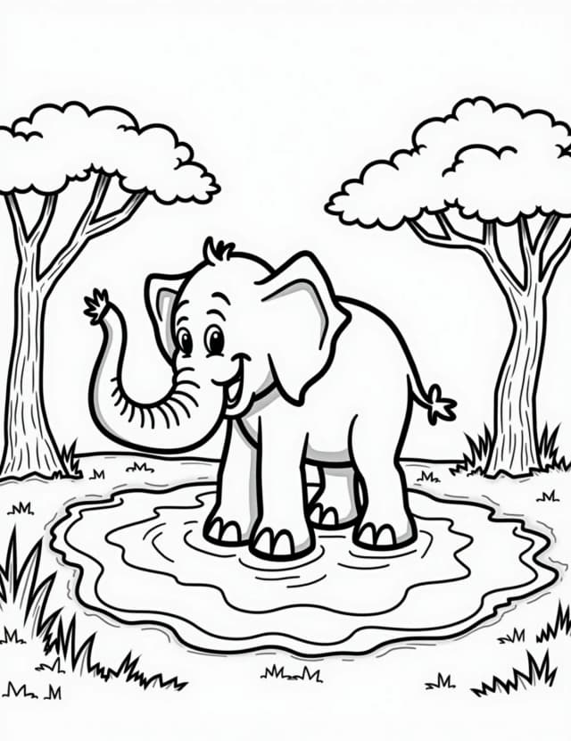 Gentle Giant Elephant's Bath Time Coloring Page