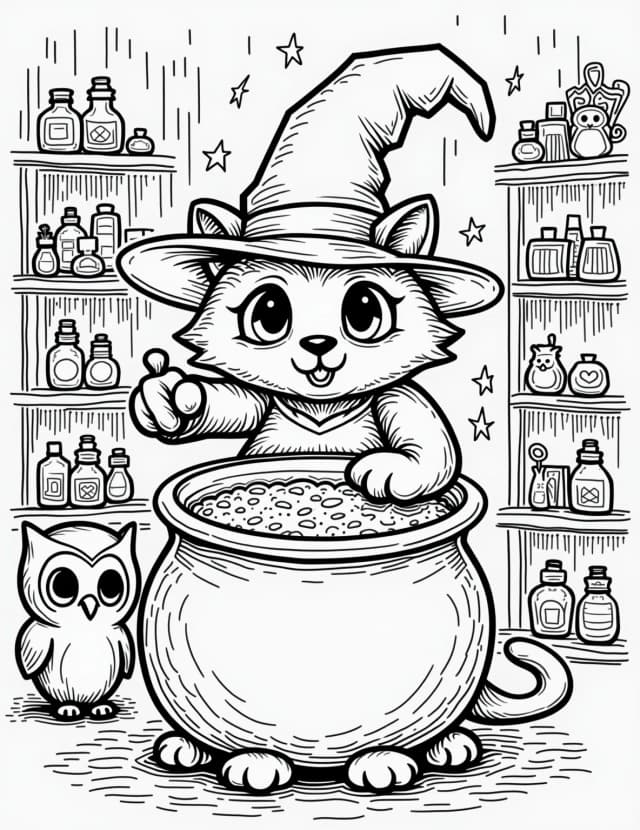 Cat's Magical Potion Shop Coloring Page