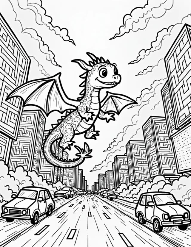 Dragon's Futuristic City Coloring Page
