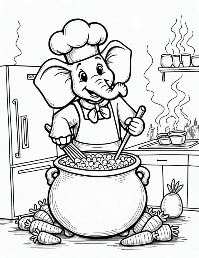 Elephant Chef in the Kitchen Coloring Page
