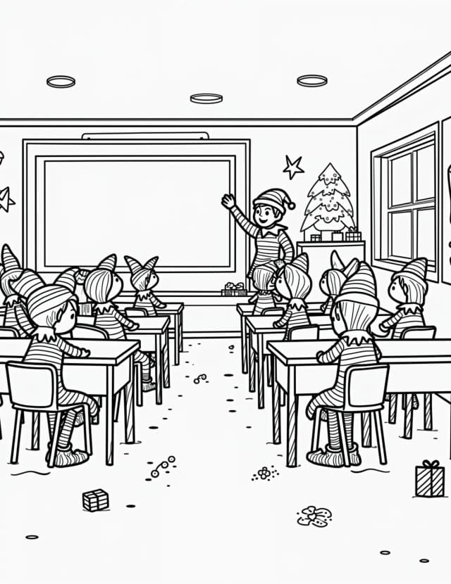 Elf School Classroom Coloring Page