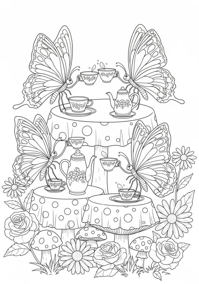 Butterfly Tea Party in the Garden Coloring Page