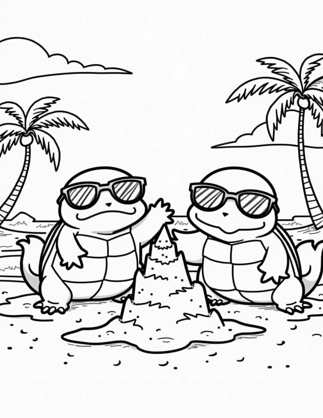 Squirtle Squad's Beach Day Coloring Page