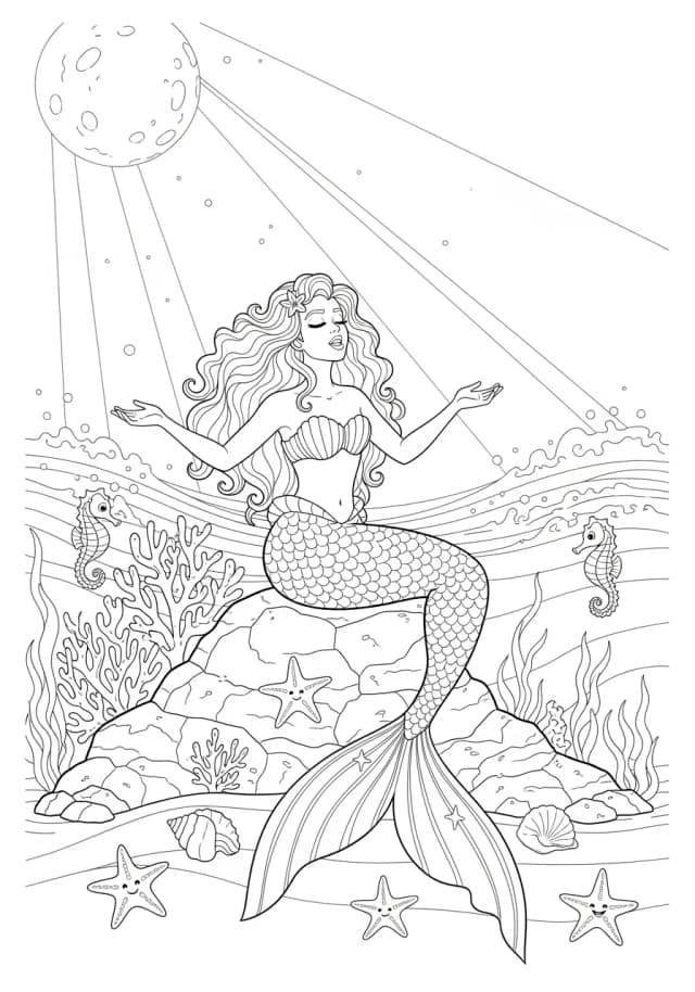 Mermaid's Moonlight Serenade Coloring Page