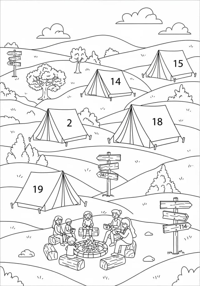 Number Camping Adventure Coloring Page