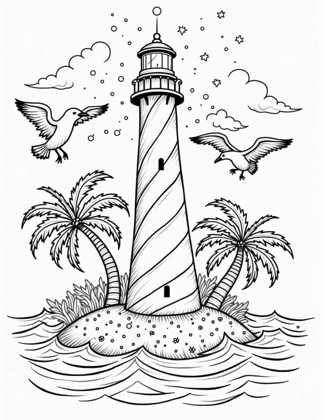 Festive Lighthouse with Christmas Lights Coloring Page