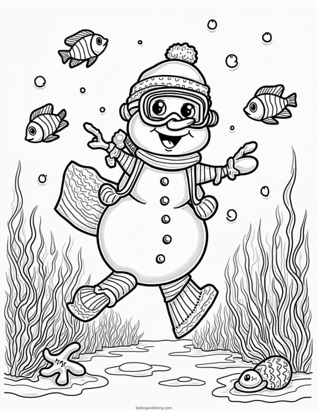 Snowman Scuba Diver Coloring Page