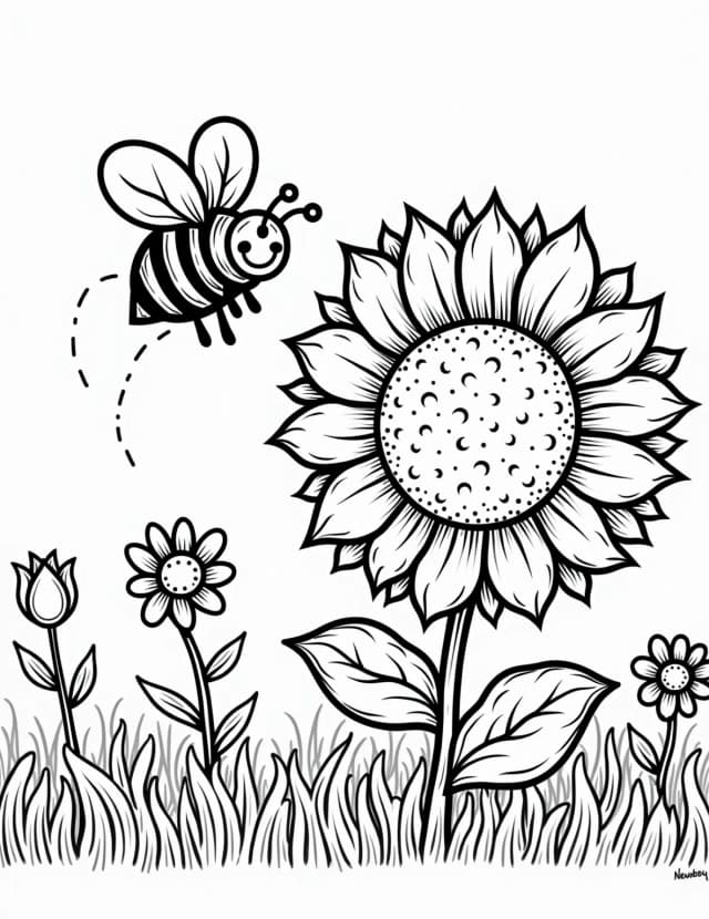 Busy Bee on a Flower Coloring Page