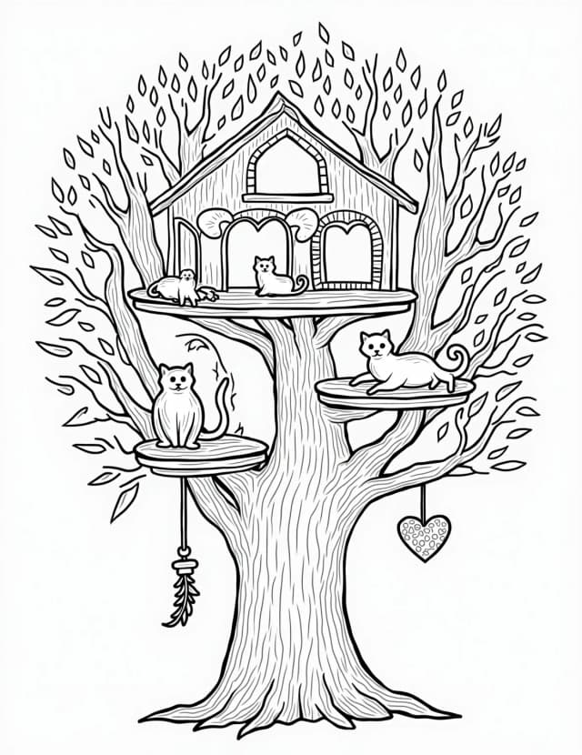 Cat's Treehouse Paradise Coloring Page