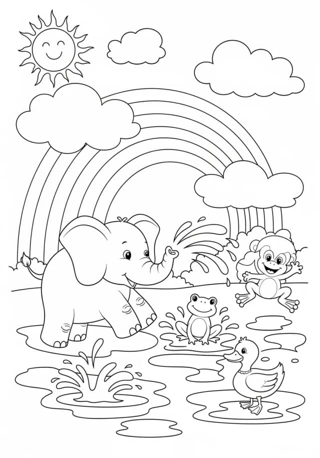 Puddle-splashing animals under a rainbow
