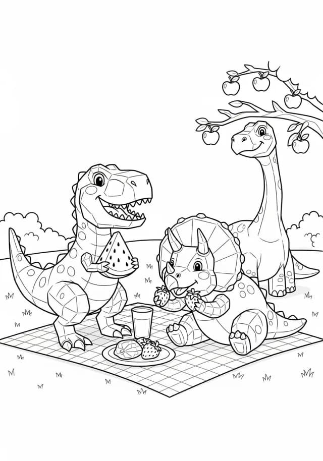 Happy Dino Picnic Party Coloring Page
