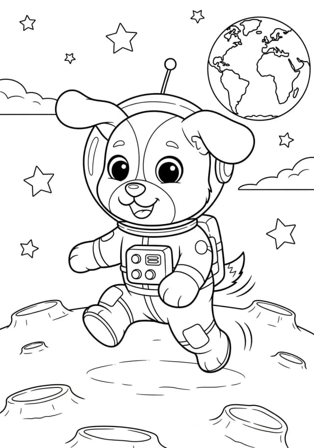 Puppy astronaut bouncing on the moon
