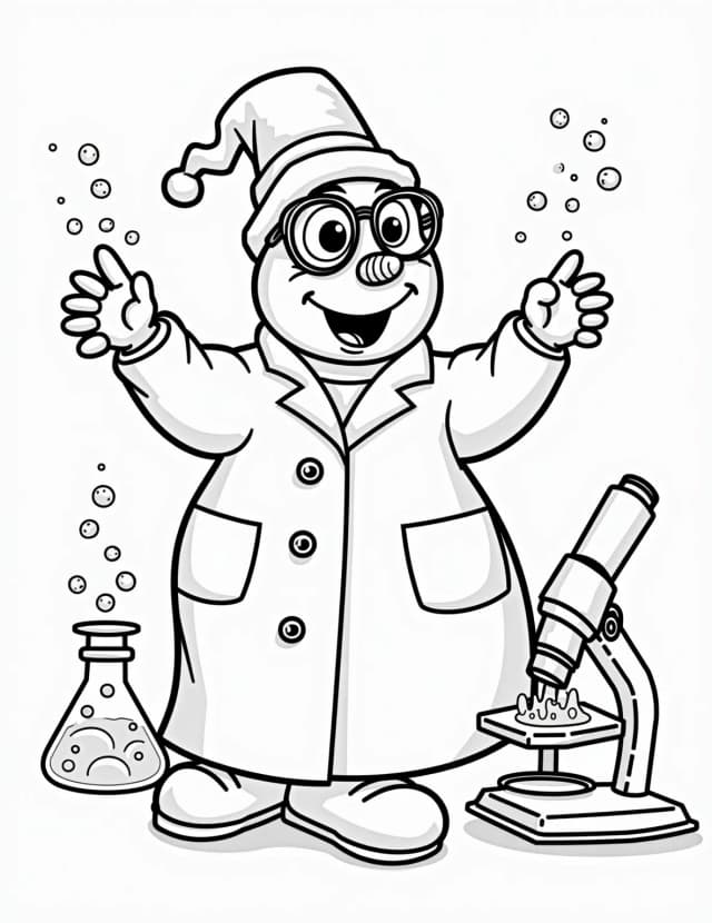Snowman Scientist in the Lab Coloring Page