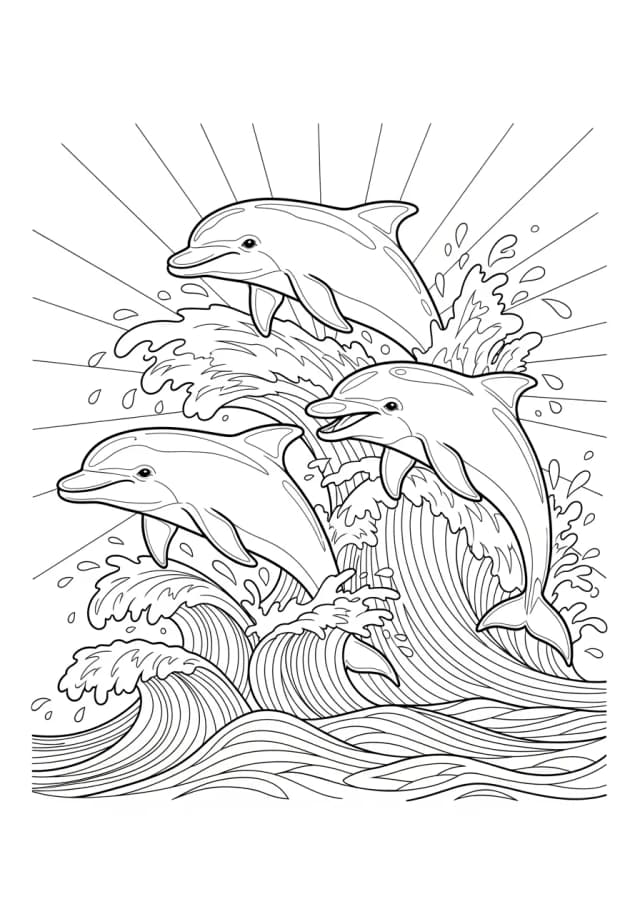Playful Dolphin Ocean Wave Coloring Page