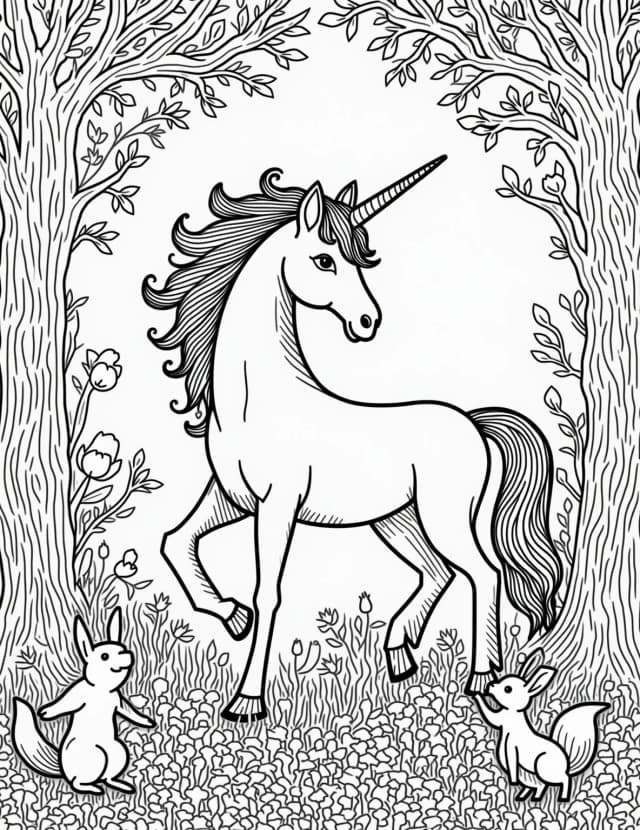 Majestic Unicorn Forest Mandala Coloring Page