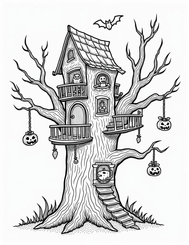 Spooky Tree House Halloween Party Coloring Page