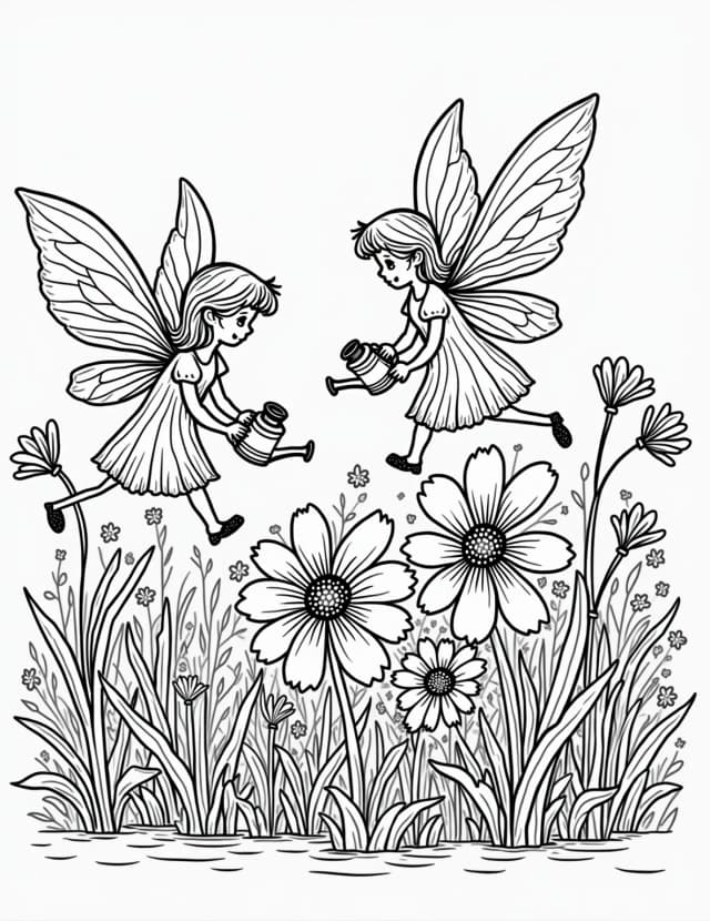 Fairy Gardeners at Work Coloring Page
