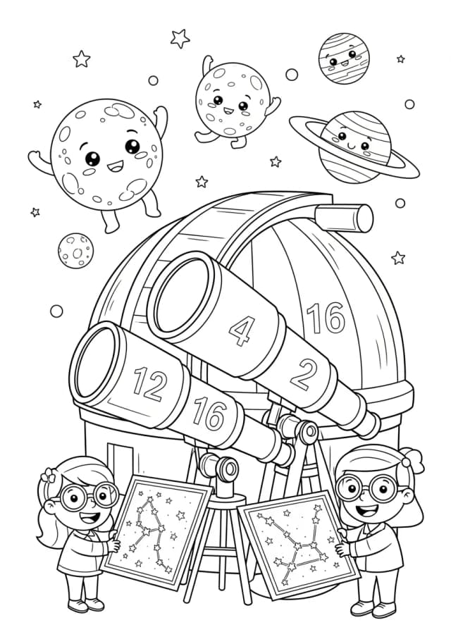 Number Observatory Stargazing Coloring Page