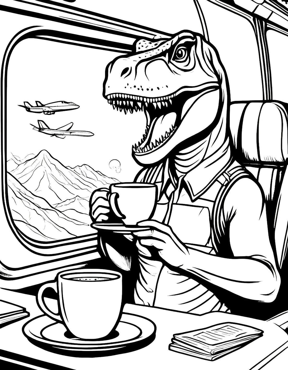 a t-rex drinking a cappuccino on a plane